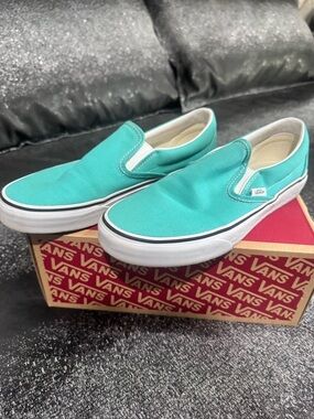 Vans Slip-On Flats in Teal and White